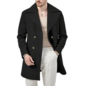 Elegante trench nero da uomo media lunghezza a doppio petto con ampi baveri classici