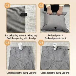 Four-step guide for using striped vacuum compression storage bags for travel packing