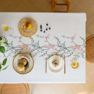Top view detail showing the elegant pink floral embroidery on white linen tablecloth