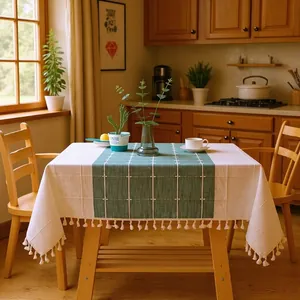 Nordische Karierte Bestickte Tischdecke Rechteckig Polyester Tischtuch Mit Quasten Für Esszimmer Küche Landhaus Deko