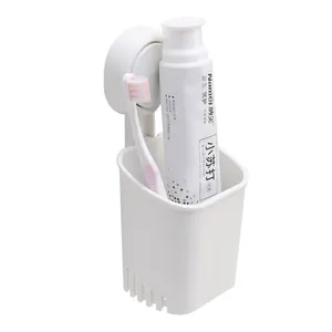 Wall-mounted suction cup toothbrush holder and toothpaste organizer for bathroom storage