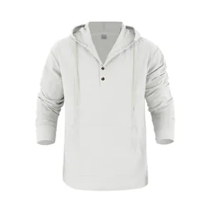 Casual men's white linen long sleeve hooded Henley shirt featuring large pocket
