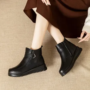 Comfortable black leather ankle boots with thick plush lining for elderly women in winter