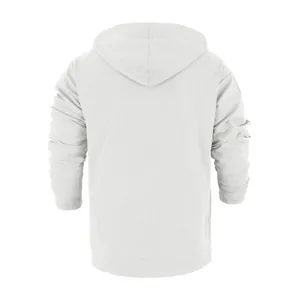 Back view of a minimalist white men's loose linen casual hooded long-sleeved shirt for spring