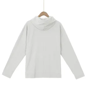 Detailed back view of men's minimalist loose linen hooded long sleeve t-shirt in light grey