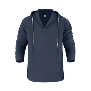 Men's loose navy blue linen hooded long-sleeve Henley shirt featuring large pocket