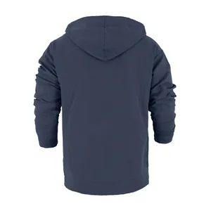 Back view of men's loose linen casual hooded long sleeve Henley shirt in navy blue