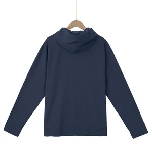 Detailed back view of a navy blue men's loose linen casual hooded long-sleeve t-shirt garment.