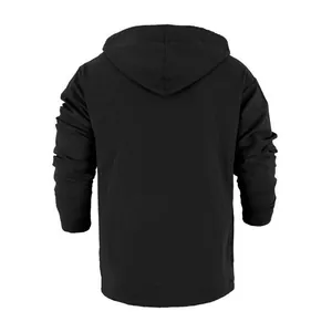 Detailed back view of men's loose linen casual black hooded long sleeve henley shirt