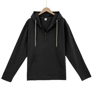Classic men's black linen-blend long sleeve hooded Henley shirt with a front pocket