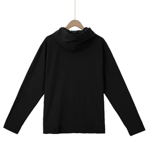 Rear view detail of a black men's loose linen casual hooded long-sleeve shirt in minimalist style