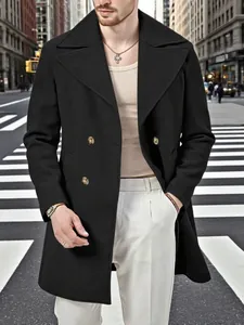 Elegante trench nero da uomo a media lunghezza con doppiopetto per l'autunno e l'inverno.