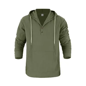 Men's olive green long sleeve linen hooded Henley shirt with a large front pocket