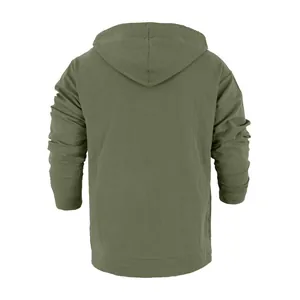 Back view of a men's loose linen casual olive green hooded shirt for spring and autumn