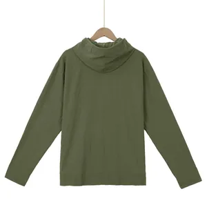 Back view of men's olive green linen hooded long sleeve shirt hanging on a hanger