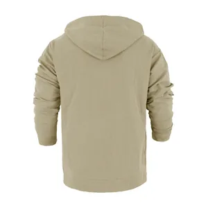 Detailed back view of a men's loose khaki linen casual hooded long sleeve t-shirt