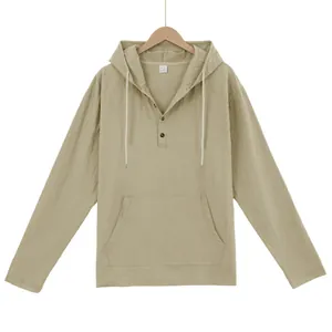 Detailed view of men's casual linen-blend hooded Henley shirt in khaki beige finish