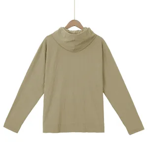 Back view of a men's loose casual linen-blend hooded long-sleeve t-shirt in khaki tan