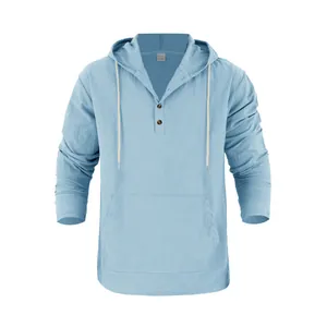 Front view detail of men's light blue hooded linen Henley shirt with pocket