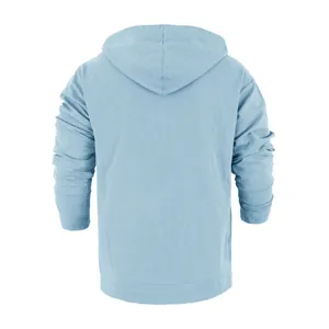Back view of a light blue men's loose linen hooded long sleeve Henley T-shirt
