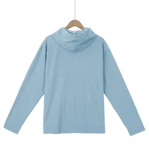 Back view of a casual men's loose light blue linen hooded long-sleeve Henley shirt