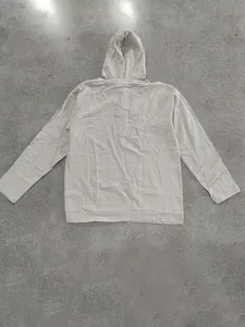 Detailed back view of a men's loose linen casual hooded long sleeve shirt in light beige.