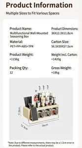 Close-up detail of wall-mounted seasoning box showing dimensions 36x12.3x11.8cm and drawers
