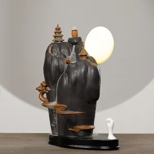 Zen mountain backflow incense burner with glowing moon lamp for tranquil home decor
