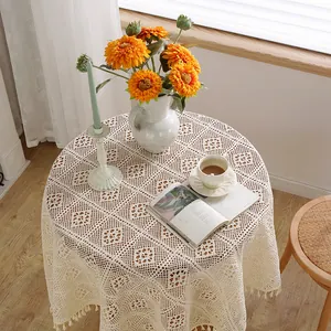 Mantel de Ganchillo Pastoral Americano Calado con Borla Beige Algodón Rectangular Cubierta de Mesa de Comedor Cubierta de Piano Decoración del Hogar