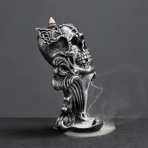 Gothic skull chalice backflow incense burner made of silver finish resin