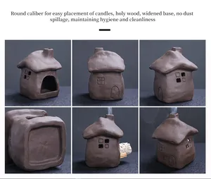 Detail collage of rustic brown ceramic cottage incense burner for sage and candles