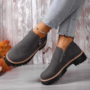 Detailed view of gray suede ankle boots with side zipper and chunky lug sole