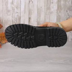 Close-up view showing the textured anti-slip black chunky sole of women's loafers