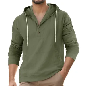 Men's olive green linen hooded Henley shirt with front pocket casual long sleeve hoodie