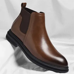 Classic brown leather Chelsea boots for men with elastic side panels and thick sole
