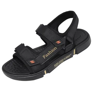 Black men's outdoor sports sandals with adjustable velcro straps for hiking and travel