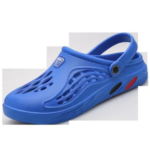 Blue outdoor garden clogs with breathable holes and adjustable heel strap