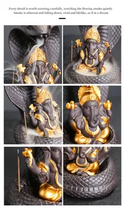 Detailed macro shots of Ganesha backflow incense burner with cobra design and smoke