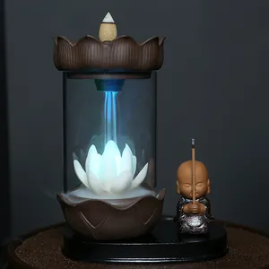 Lotus backflow incense burner with LED light and glass windproof cover and monk figurine