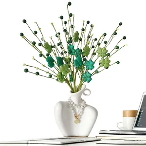 St Patrick's Day Artificial Shamrock Branch Green Glitter Clover Spray With Berries For Festival Home Party Decoration