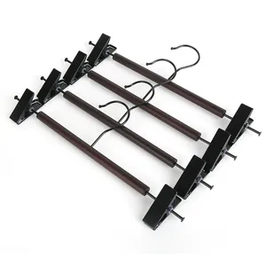 Set of 4 premium beech wood pants hangers with adjustable non-slip clips, dark brown.