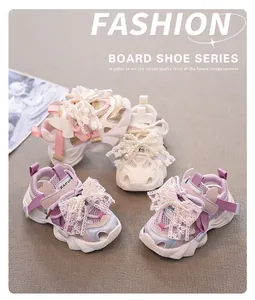 Summer girls' breathable mesh sneakers with elegant lace bow and pearl decoration details