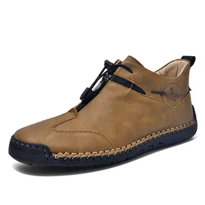 Khaki slip-on men's leather casual shoes with front zipper and decorative stitch detailing