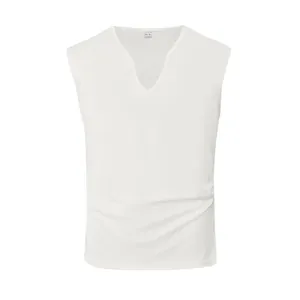 Detail view of a men's white V-neck sleeveless tank top in breathable quick-dry fabric.