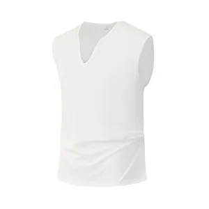 Close-up detail of white men's V-neck quick-dry sleeveless athletic vest.