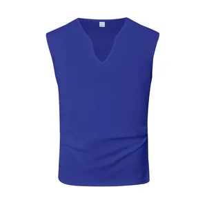Close-up of royal blue quick-dry breathable sleeveless V-neck tank top for men
