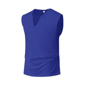 Detailed view of royal blue V-neck quick-dry athletic training vest for men in summer