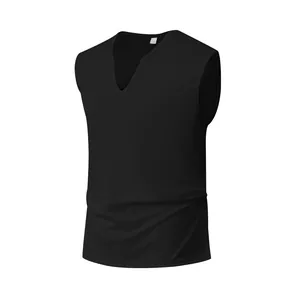 Detail view of a men's black V-neck sleeveless quick-dry training vest for summer