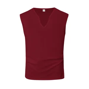 Close-up front view of a maroon men's quick-dry V-neck sleeveless sport tank top.