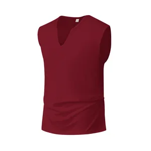 Detail of a maroon men's V-neck quick-dry sleeveless training vest on white background.